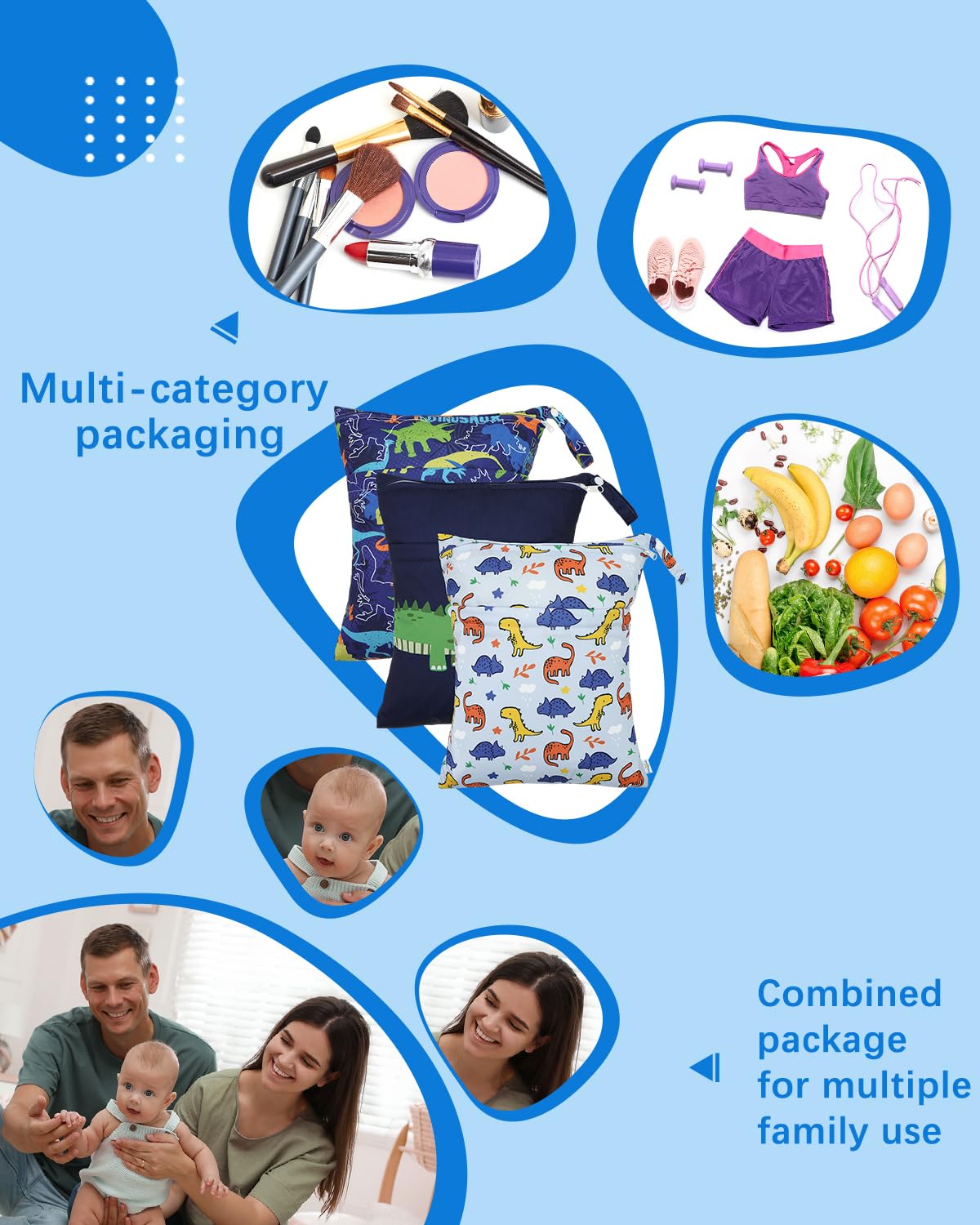 Wet Dry Bags for Baby Cloth Diapers, Washable Travel Bags, Beach, Pool, Gym Bag for Swimsuits & Wet Clothes with Two Zippered Pockets 3 Pack 3LN08 - Colors A