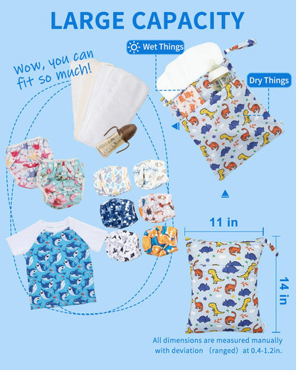 Wet Dry Bags for Baby Cloth Diapers, Washable Travel Bags, Beach, Pool, Gym Bag for Swimsuits & Wet Clothes with Two Zippered Pockets 3 Pack 3LN08 - Colors A