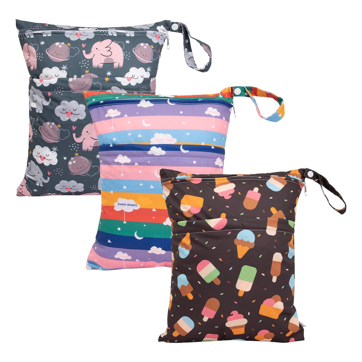 Wet Dry Bags for Baby Cloth Diapers, Washable Travel Bags, Beach, Pool, Gym Bag for Swimsuits & Wet Clothes with Two Zippered Pockets 3 Pack 3LN08 - Colors A
