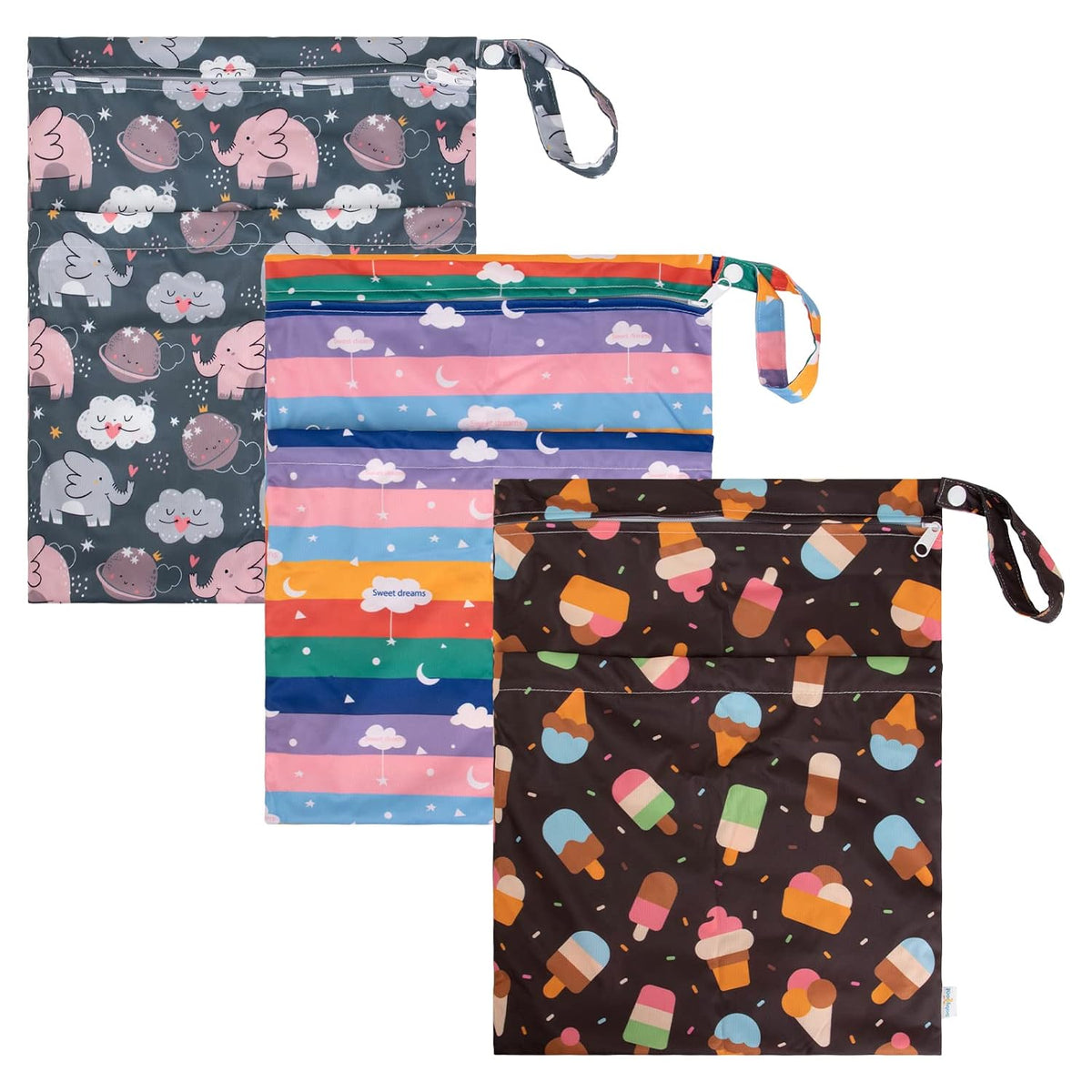 Wet Dry Bags for Baby Cloth Diapers, Washable Travel Bags, Beach, Pool, Gym Bag for Swimsuits & Wet Clothes with Two Zippered Pockets 3 Pack 3LN08 - Colors A