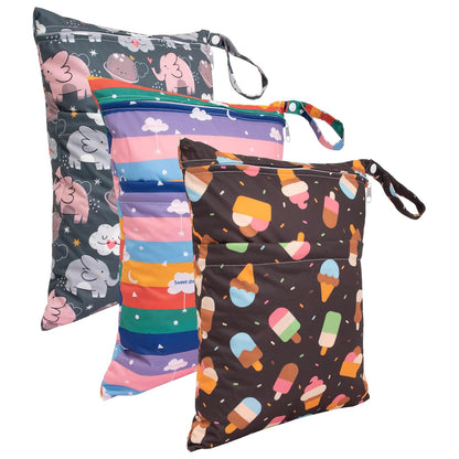 Wet Dry Bags for Baby Cloth Diapers, Washable Travel Bags, Beach, Pool, Gym Bag for Swimsuits & Wet Clothes with Two Zippered Pockets 3 Pack 3LN08 - Colors A