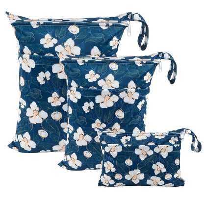 Wet Dry Bags for Baby Cloth Diapers, Washable Travel Bags, Beach, Pool, Gym Bag for Swimsuits & Wet Clothes with Two Zippered Pockets 3 Pack 3LN08 - Colors A