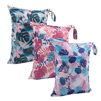 Wet Dry Bags for Baby Cloth Diapers, Washable Travel Bags, Beach, Pool, Gym Bag for Swimsuits & Wet Clothes with Two Zippered Pockets 3 Pack 3LN08 - Colors A