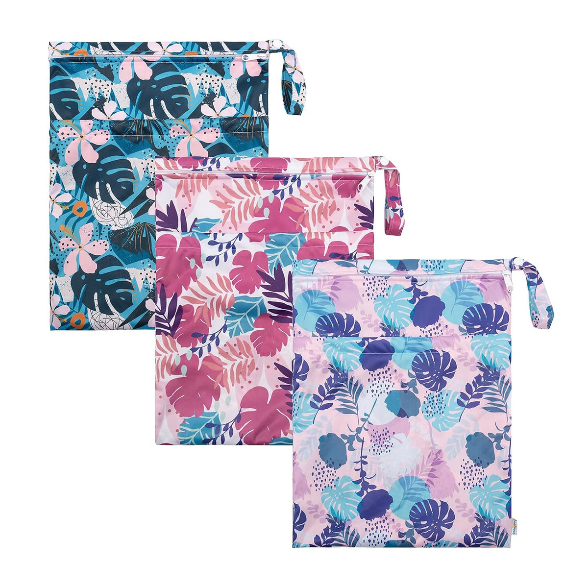 Wet Dry Bags for Baby Cloth Diapers, Washable Travel Bags, Beach, Pool, Gym Bag for Swimsuits & Wet Clothes with Two Zippered Pockets 3 Pack 3LN08 - Colors A