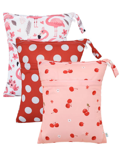 Wet Dry Bags for Baby Cloth Diapers, Washable Travel Bags, Beach, Pool, Gym Bag for Swimsuits & Wet Clothes with Two Zippered Pockets 3 Pack 3LN08 - Colors A