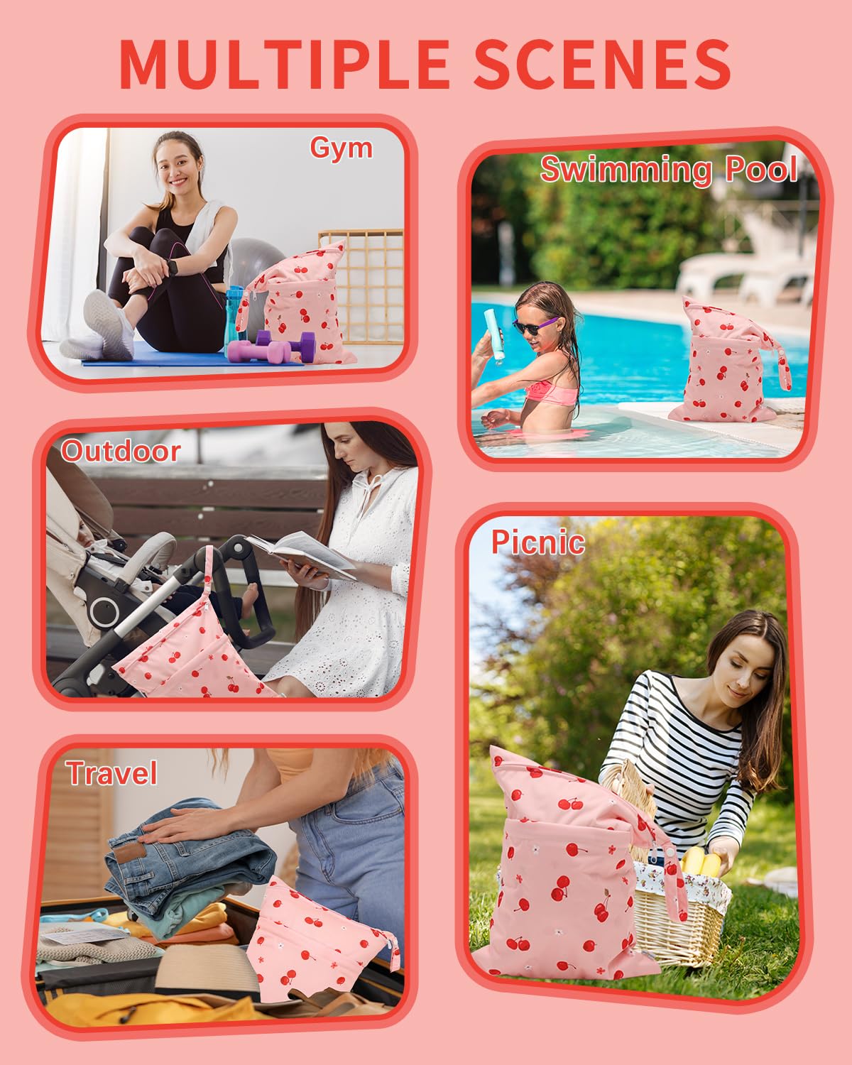 Wet Dry Bags for Baby Cloth Diapers, Washable Travel Bags, Beach, Pool, Gym Bag for Swimsuits & Wet Clothes with Two Zippered Pockets 3 Pack 3LN08 - Colors A