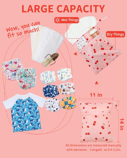Wet Dry Bags for Baby Cloth Diapers, Washable Travel Bags, Beach, Pool, Gym Bag for Swimsuits & Wet Clothes with Two Zippered Pockets 3 Pack 3LN08 - Colors A