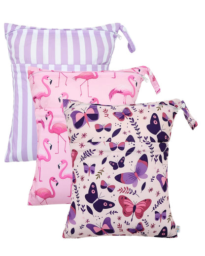 Wet Dry Bags for Baby Cloth Diapers, Washable Travel Bags, Beach, Pool, Gym Bag for Swimsuits & Wet Clothes with Two Zippered Pockets 3 Pack 3LN08 - Colors A