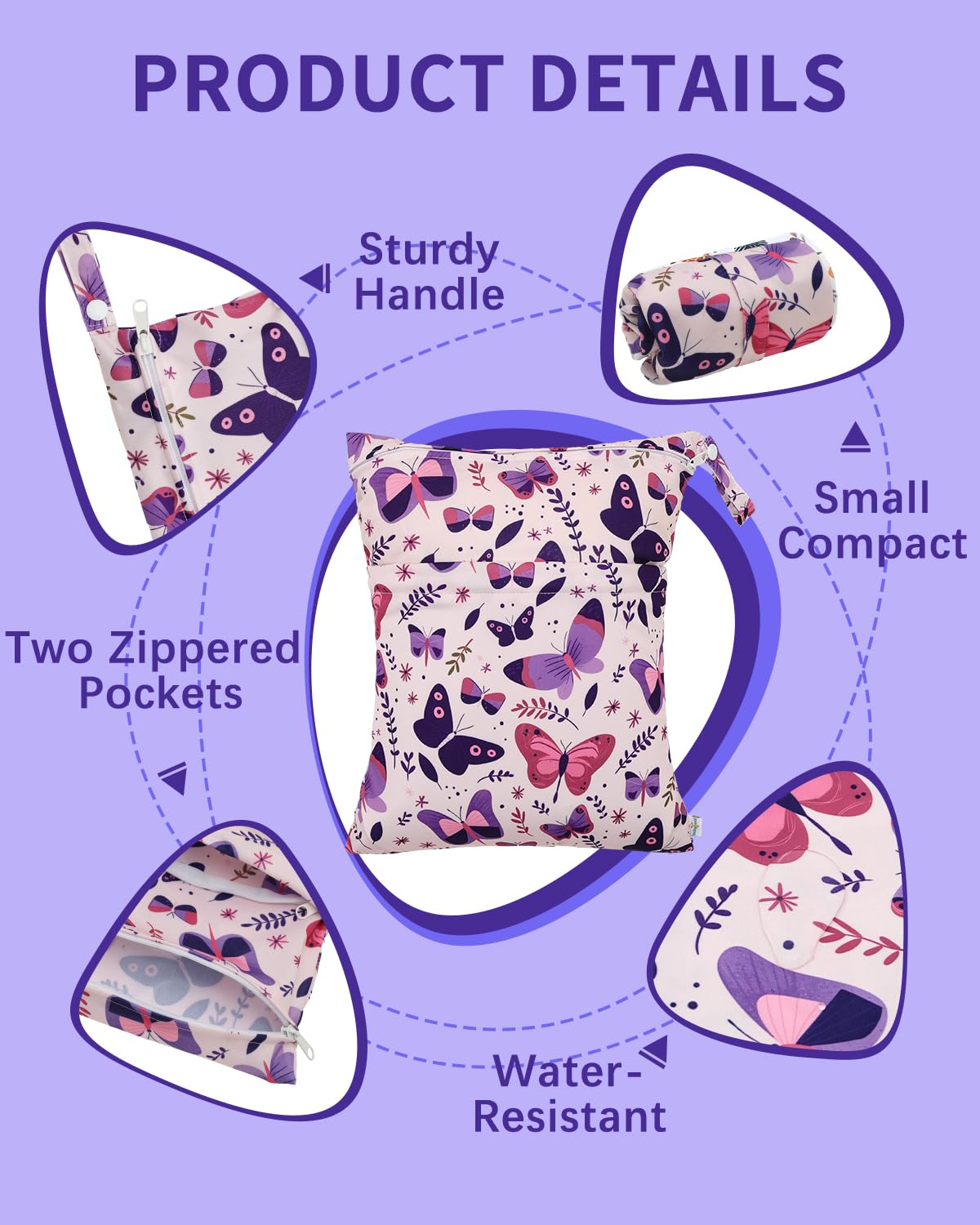 Wet Dry Bags for Baby Cloth Diapers, Washable Travel Bags, Beach, Pool, Gym Bag for Swimsuits & Wet Clothes with Two Zippered Pockets 3 Pack 3LN08 - Colors A