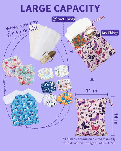 Wet Dry Bags for Baby Cloth Diapers, Washable Travel Bags, Beach, Pool, Gym Bag for Swimsuits & Wet Clothes with Two Zippered Pockets 3 Pack 3LN08 - Colors A