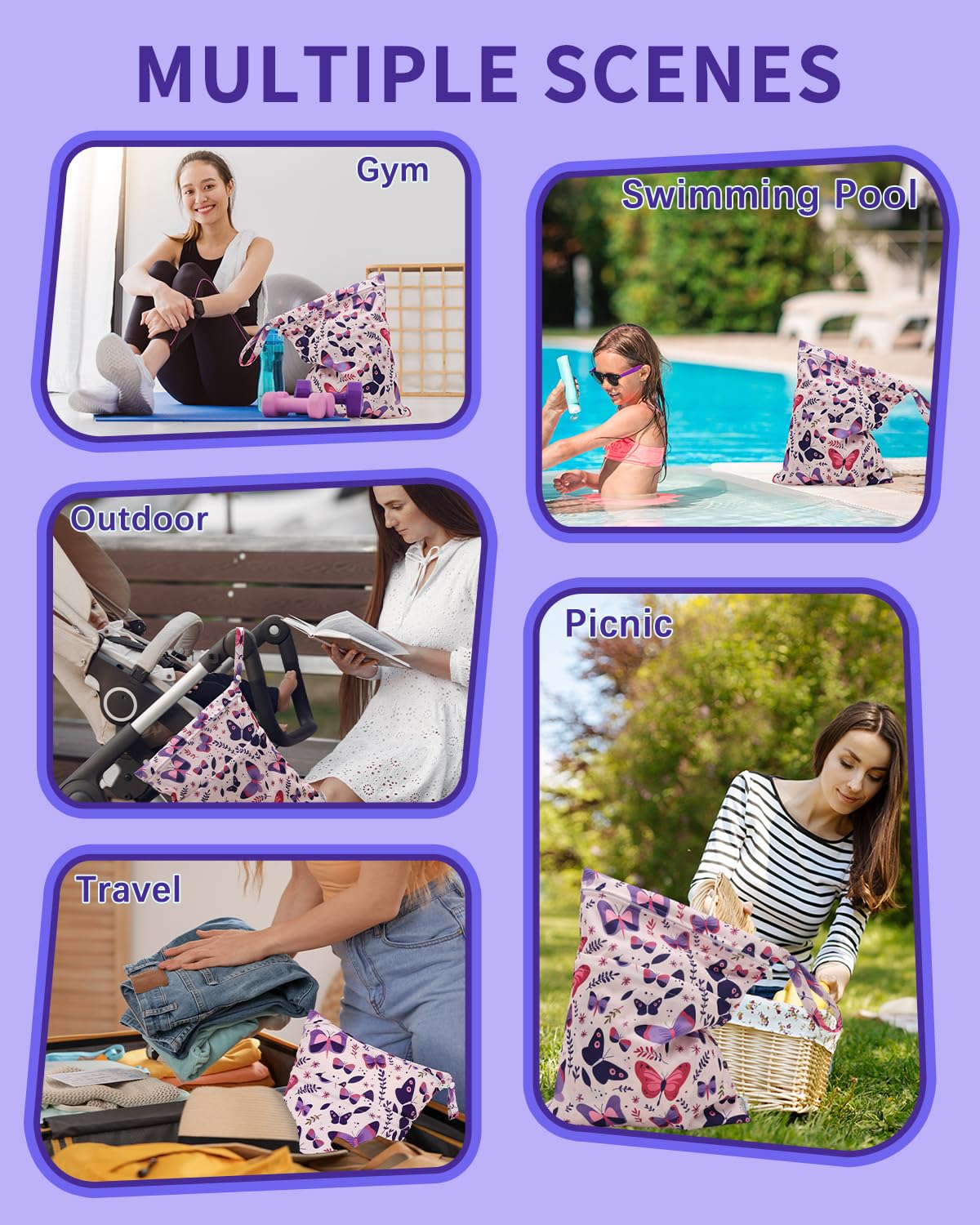 Wet Dry Bags for Baby Cloth Diapers, Washable Travel Bags, Beach, Pool, Gym Bag for Swimsuits & Wet Clothes with Two Zippered Pockets 3 Pack 3LN08 - Colors A