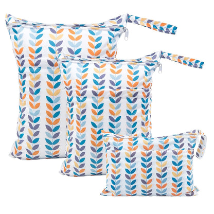 Wet Dry Bags for Baby Cloth Diapers, Washable Travel Bags, Beach, Pool, Gym Bag for Swimsuits & Wet Clothes with Two Zippered Pockets 3 Pack 3LN08 - Colors A