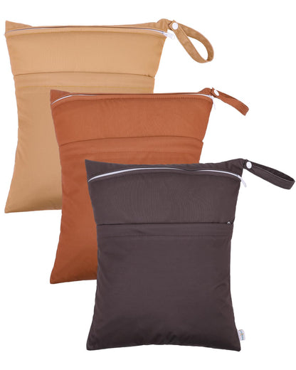 Wet Dry Bags for Baby Cloth Diapers, Washable Travel Bags, Beach, Pool, Gym Bag for Swimsuits & Wet Clothes with Two Zippered Pockets 3 Pack 3LN08 - Colors A