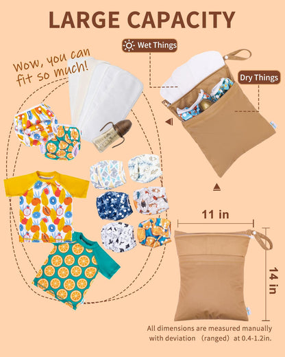 Wet Dry Bags for Baby Cloth Diapers, Washable Travel Bags, Beach, Pool, Gym Bag for Swimsuits & Wet Clothes with Two Zippered Pockets 3 Pack 3LN08 - Colors A