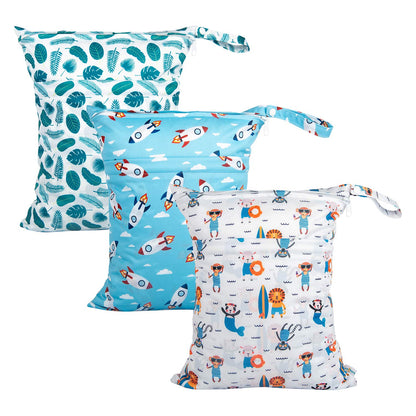Wet Dry Bags for Baby Cloth Diapers, Washable Travel Bags, Beach, Pool, Gym Bag for Swimsuits & Wet Clothes with Two Zippered Pockets 3 Pack 3LN08 - Colors A