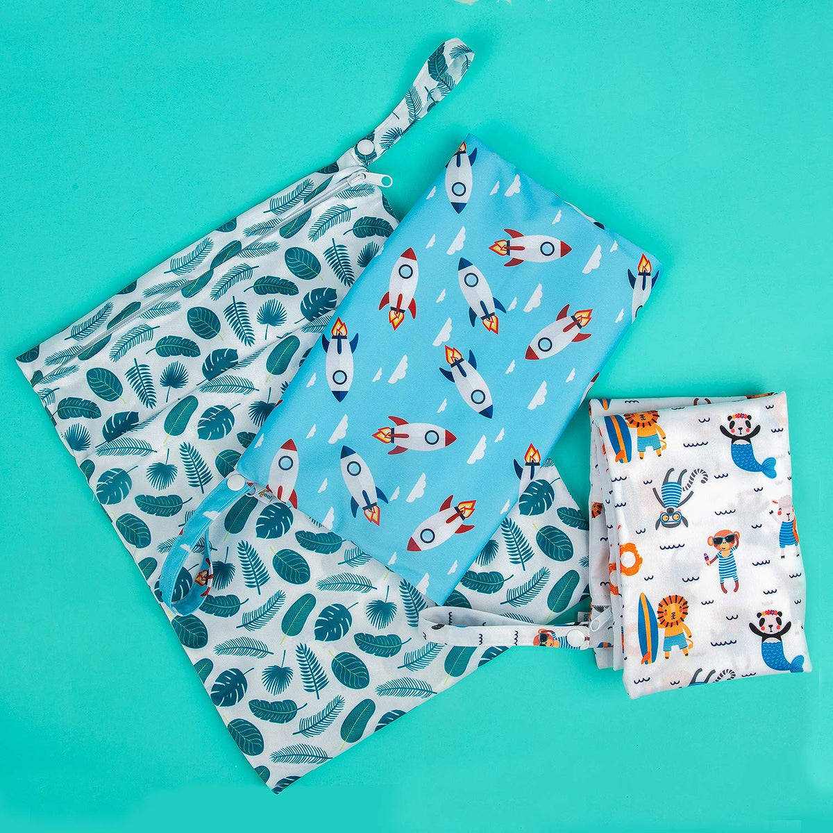 Wet Dry Bags for Baby Cloth Diapers, Washable Travel Bags, Beach, Pool, Gym Bag for Swimsuits & Wet Clothes with Two Zippered Pockets 3 Pack 3LN08 - Colors A