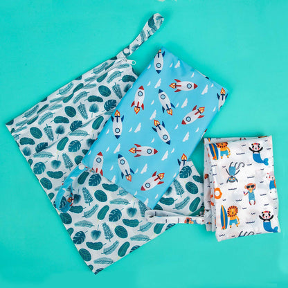 Wet Dry Bags for Baby Cloth Diapers, Washable Travel Bags, Beach, Pool, Gym Bag for Swimsuits & Wet Clothes with Two Zippered Pockets 3 Pack 3LN08 - Colors A