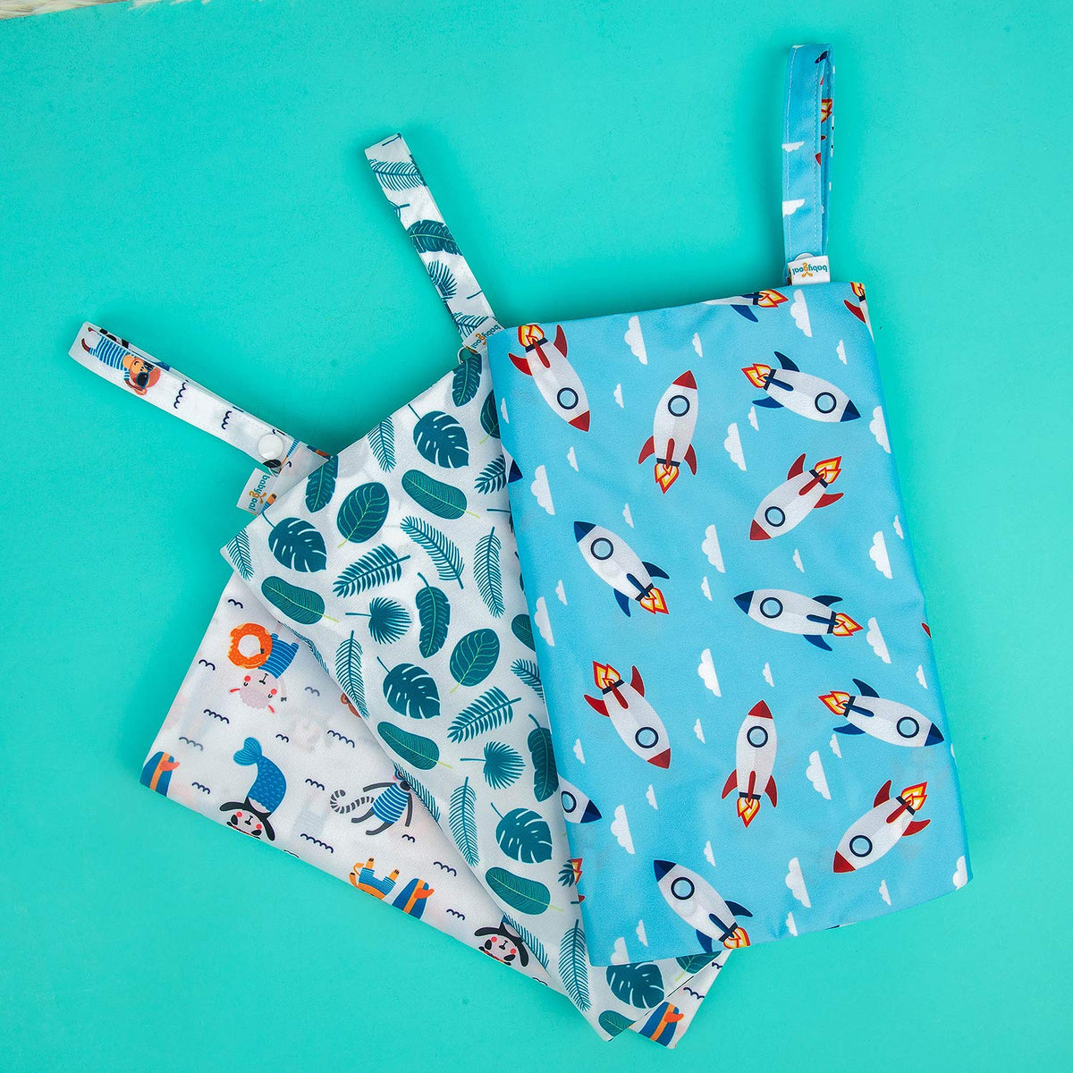 Wet Dry Bags for Baby Cloth Diapers, Washable Travel Bags, Beach, Pool, Gym Bag for Swimsuits & Wet Clothes with Two Zippered Pockets 3 Pack 3LN08 - Colors A