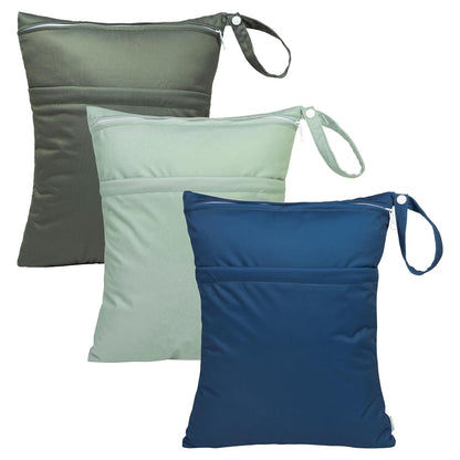 Wet Dry Bags for Baby Cloth Diapers, Washable Travel Bags, Beach, Pool, Gym Bag for Swimsuits & Wet Clothes with Two Zippered Pockets 3 Pack 3LN08 - Colors A