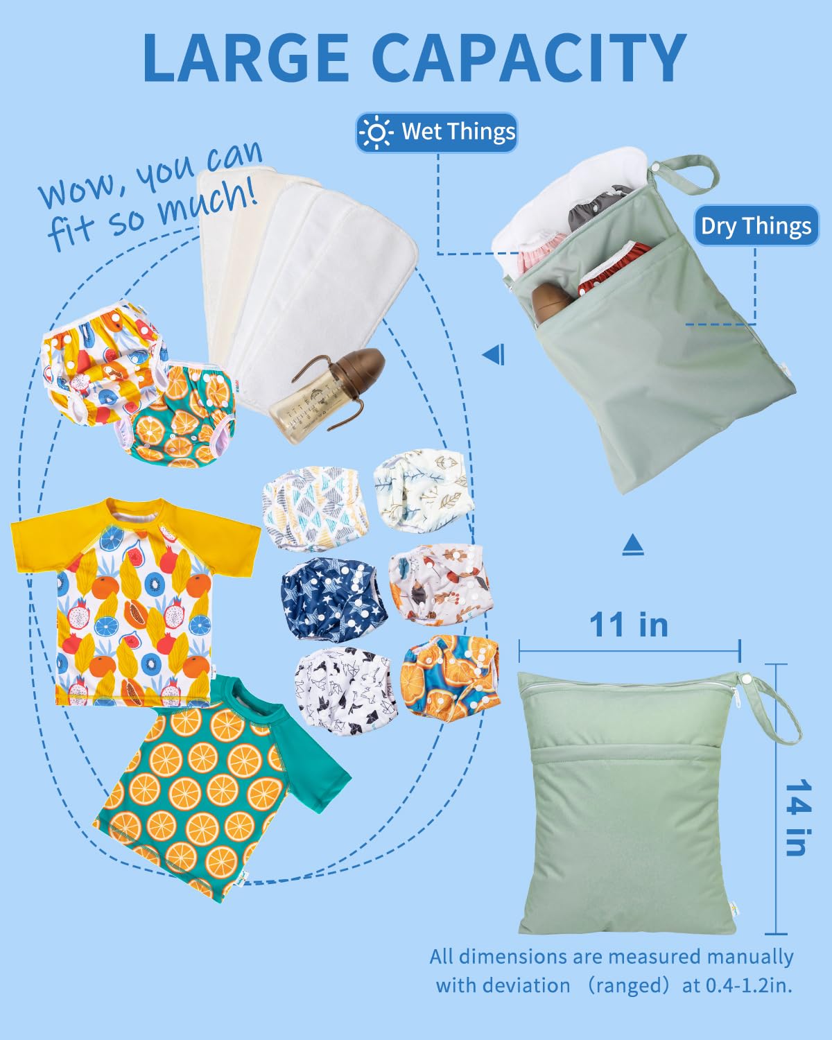 Wet Dry Bags for Baby Cloth Diapers, Washable Travel Bags, Beach, Pool, Gym Bag for Swimsuits & Wet Clothes with Two Zippered Pockets 3 Pack 3LN08 - Colors A