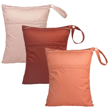 Wet Dry Bags for Baby Cloth Diapers, Washable Travel Bags, Beach, Pool, Gym Bag for Swimsuits & Wet Clothes with Two Zippered Pockets 3 Pack 3LN08 - Colors A