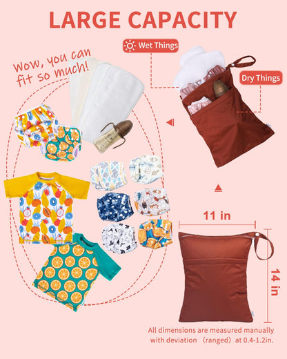Wet Dry Bags for Baby Cloth Diapers, Washable Travel Bags, Beach, Pool, Gym Bag for Swimsuits & Wet Clothes with Two Zippered Pockets 3 Pack 3LN08 - Colors A