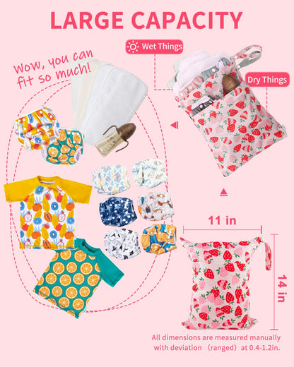Wet Dry Bags for Baby Cloth Diapers, Washable Travel Bags, Beach, Pool, Gym Bag for Swimsuits & Wet Clothes with Two Zippered Pockets 3 Pack 3LN08 - Colors A