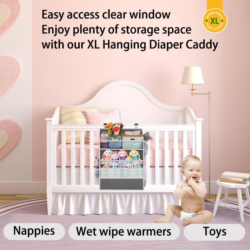 XL Hanging Diaper Caddy Organizer for Changing Table, Crib, Playard, Wall & Door, Reinforced Diaper Stacker and Nursery Organizer-Hold 90+Diaper for Newborn Baby Essentials