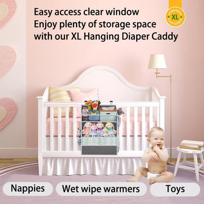 XL Hanging Diaper Caddy Organizer for Changing Table, Crib, Playard, Wall & Door, Reinforced Diaper Stacker and Nursery Organizer-Hold 90+Diaper for Newborn Baby Essentials