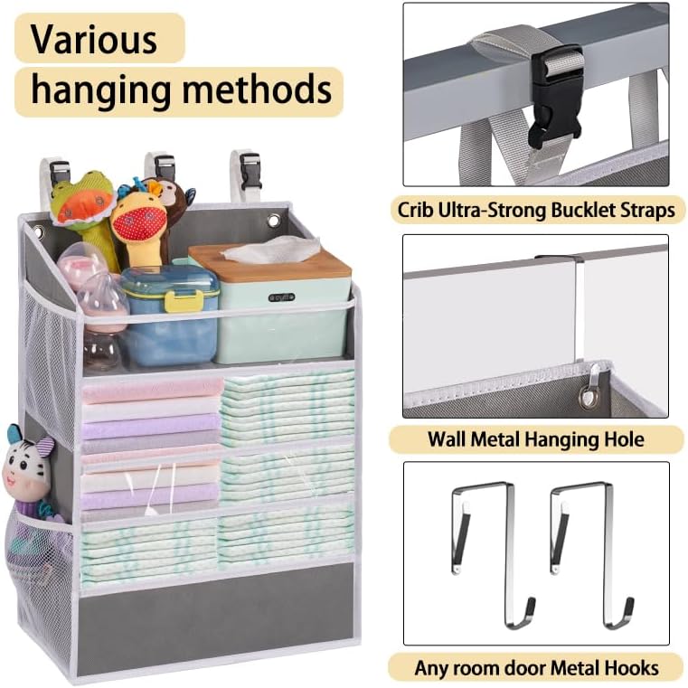 XL Hanging Diaper Caddy Organizer for Changing Table, Crib, Playard, Wall & Door, Reinforced Diaper Stacker and Nursery Organizer-Hold 90+Diaper for Newborn Baby Essentials