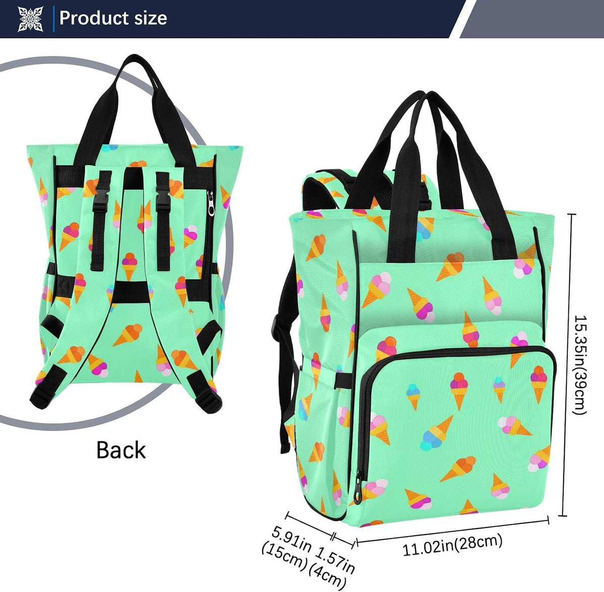 Diaper Bag Backpack, Multifunction Travel Bag for Moms Dads, Baby Changing Bag with Insulted Pockets, Stroller Straps and Side Bottle Pockets Colorful Ice Cream Pattern