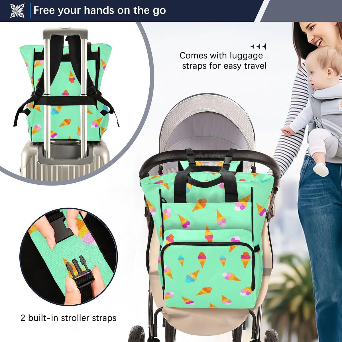 Diaper Bag Backpack, Multifunction Travel Bag for Moms Dads, Baby Changing Bag with Insulted Pockets, Stroller Straps and Side Bottle Pockets Colorful Ice Cream Pattern