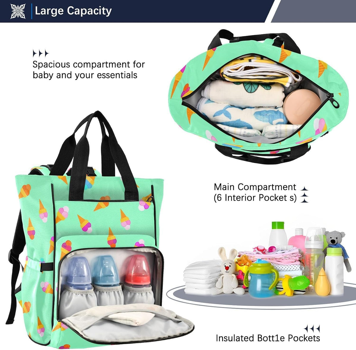 Diaper Bag Backpack, Multifunction Travel Bag for Moms Dads, Baby Changing Bag with Insulted Pockets, Stroller Straps and Side Bottle Pockets Colorful Ice Cream Pattern