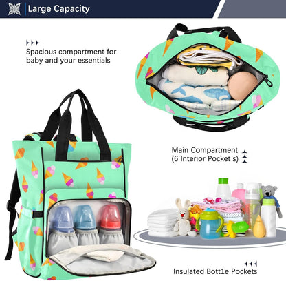 Diaper Bag Backpack, Multifunction Travel Bag for Moms Dads, Baby Changing Bag with Insulted Pockets, Stroller Straps and Side Bottle Pockets Colorful Ice Cream Pattern