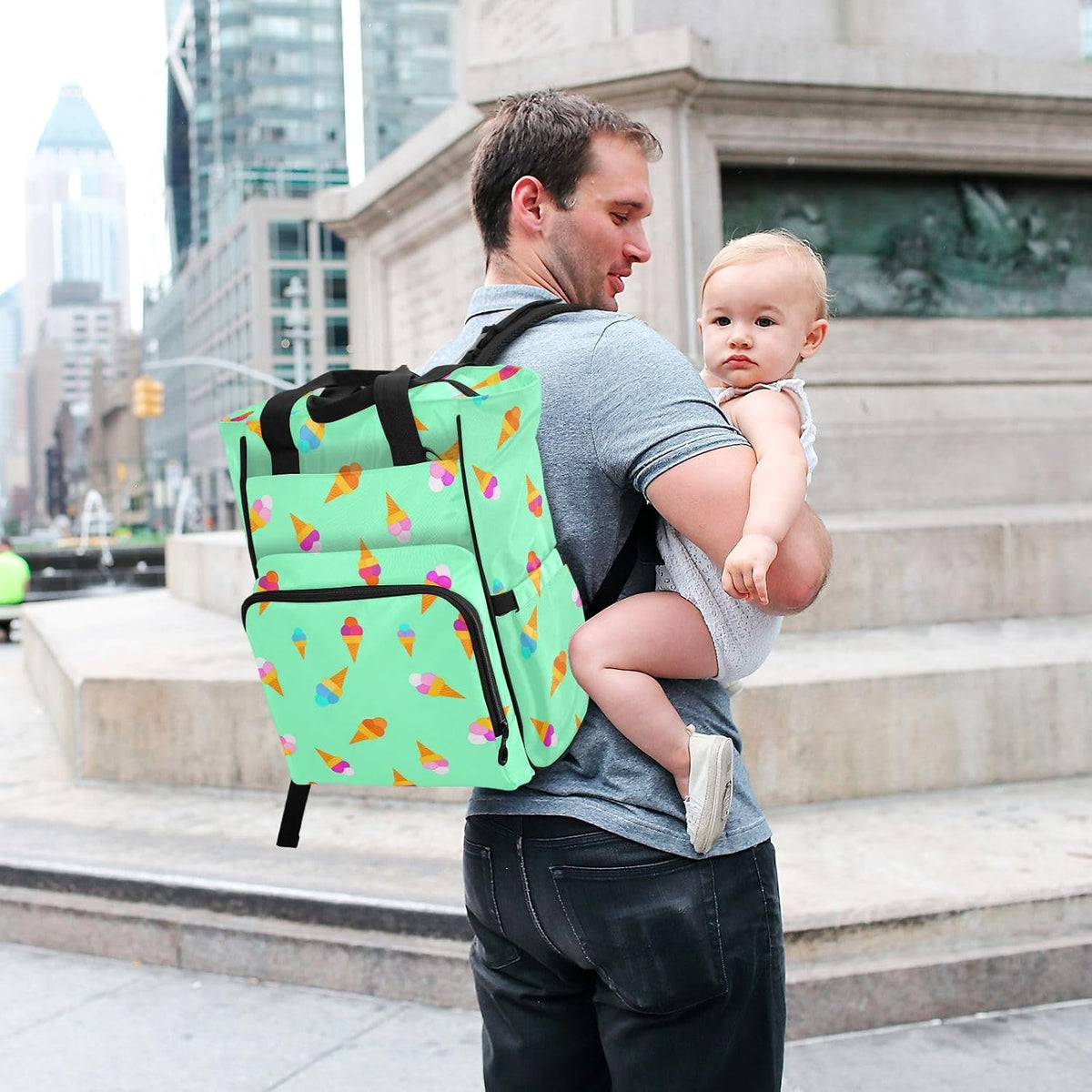 Diaper Bag Backpack, Multifunction Travel Bag for Moms Dads, Baby Changing Bag with Insulted Pockets, Stroller Straps and Side Bottle Pockets Colorful Ice Cream Pattern
