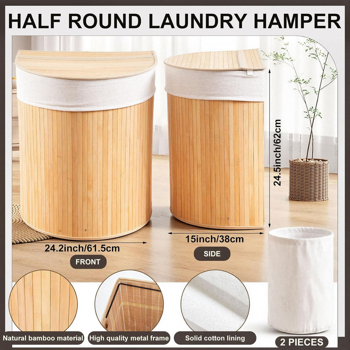 Corner Bamboo Laundry Hamper with Lid, Walnut, 14 x 14 x 25 Inch