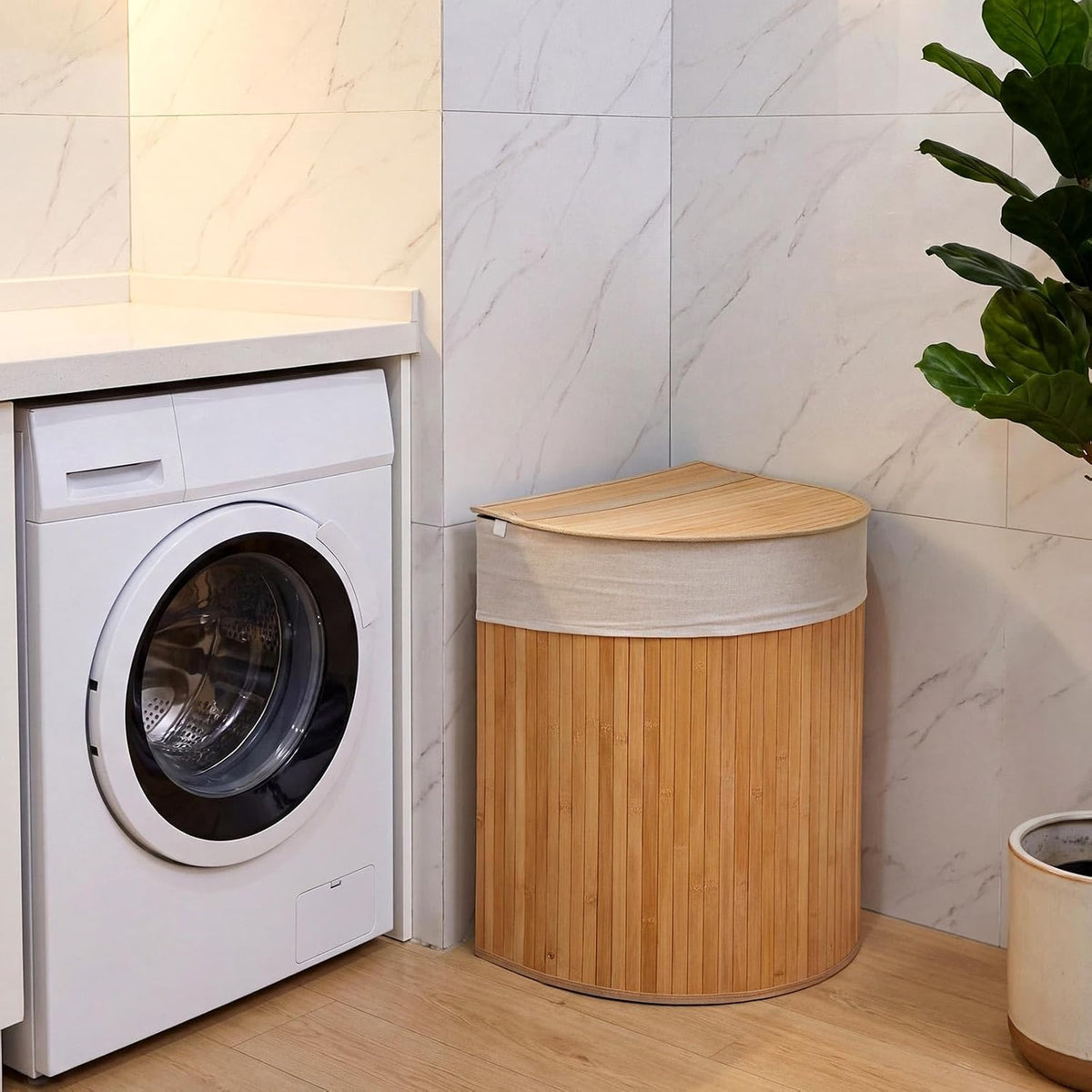 Corner Bamboo Laundry Hamper with Lid, Walnut, 14 x 14 x 25 Inch