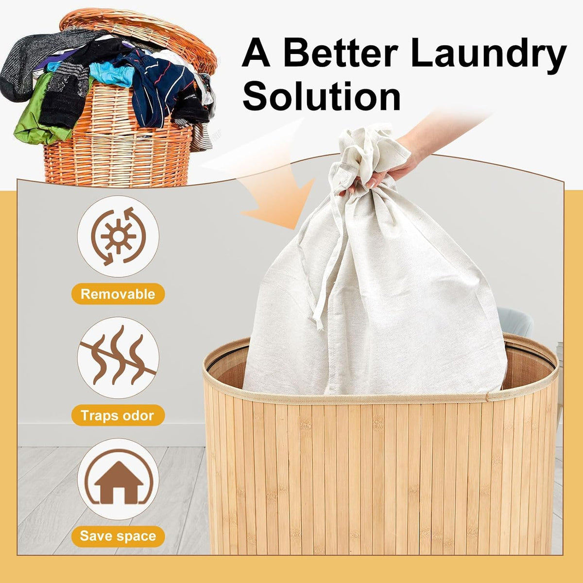 Corner Bamboo Laundry Hamper with Lid, Walnut, 14 x 14 x 25 Inch