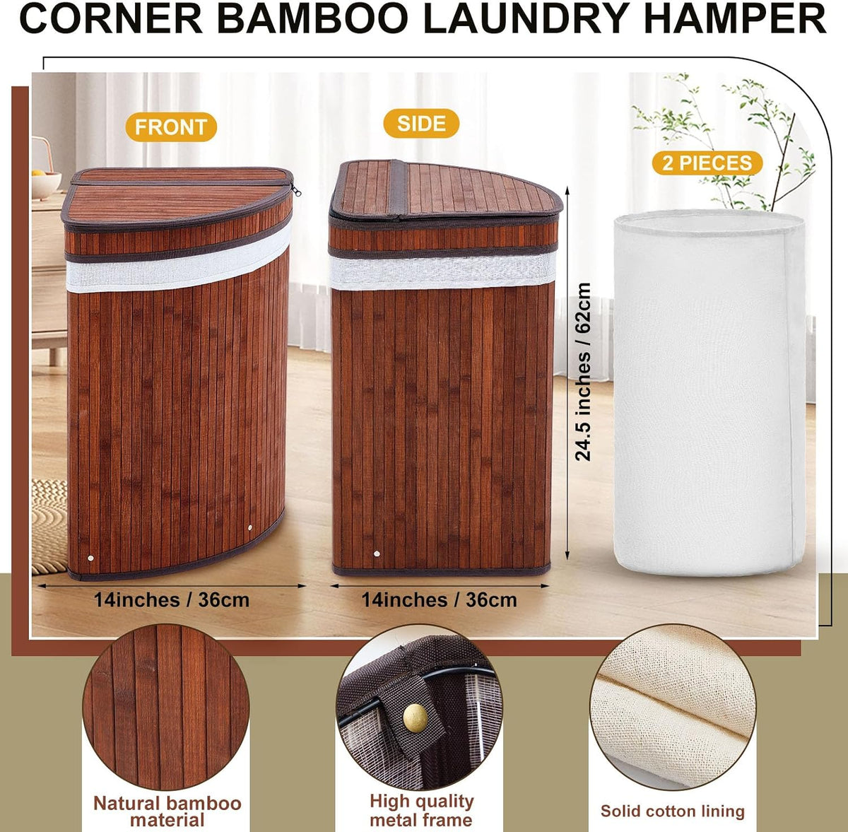 Corner Bamboo Laundry Hamper with Lid, Walnut, 14 x 14 x 25 Inch
