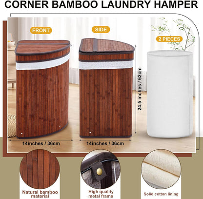 Corner Bamboo Laundry Hamper with Lid, Walnut, 14 x 14 x 25 Inch