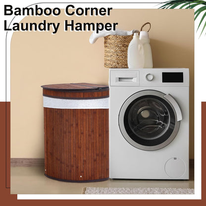 Corner Bamboo Laundry Hamper with Lid, Walnut, 14 x 14 x 25 Inch