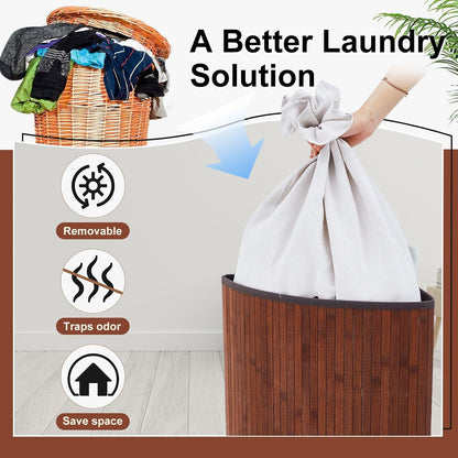 Corner Bamboo Laundry Hamper with Lid, Walnut, 14 x 14 x 25 Inch