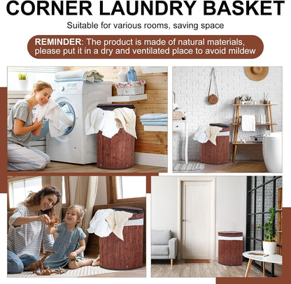 Corner Bamboo Laundry Hamper with Lid, Walnut, 14 x 14 x 25 Inch