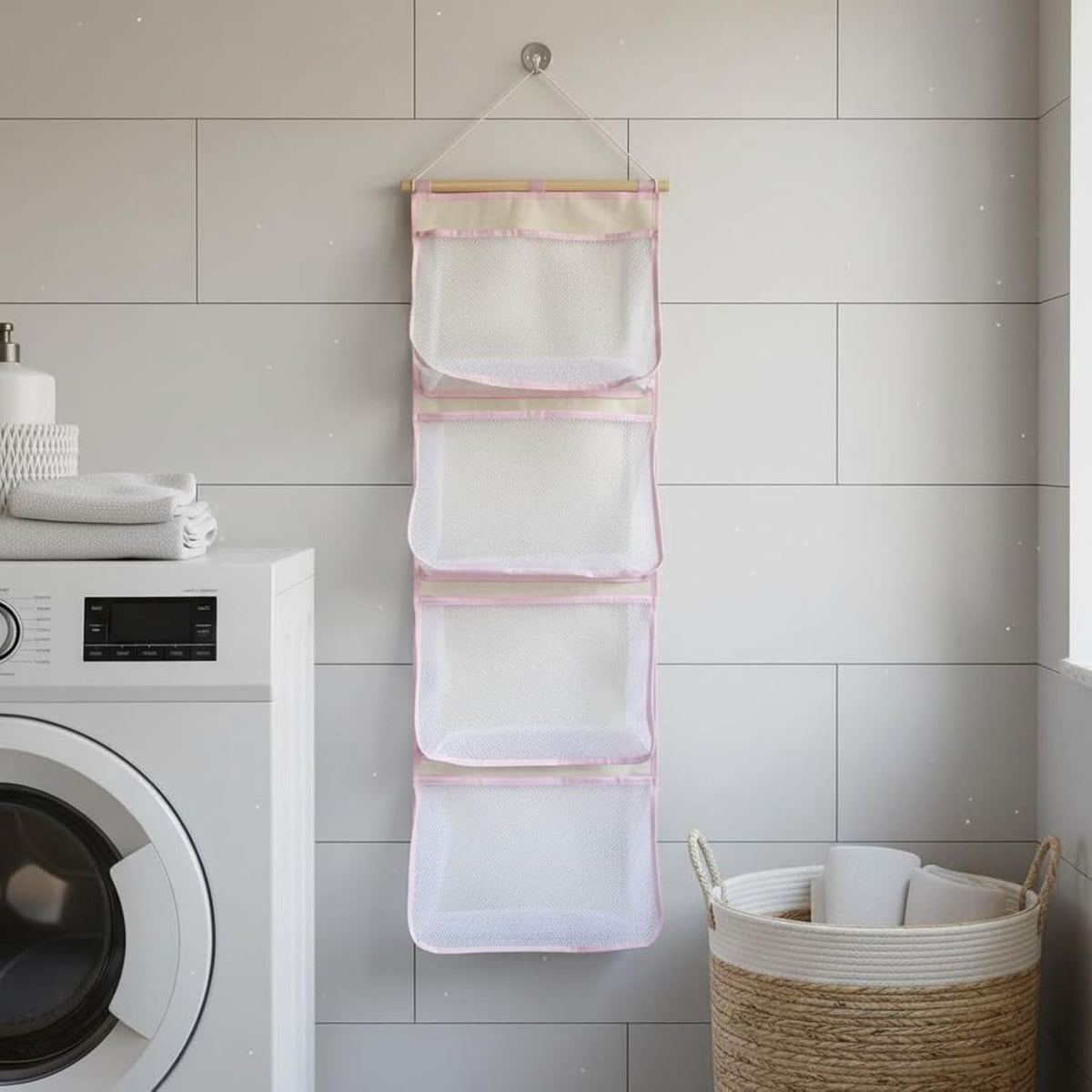 Wall Hanging Organizer Storage Bag with Wall Or Door Mount Mesh Ventilated Cotton Linen with Hanging String Suitable for Closet Bedroom Dorm Room Nursery Office, Pink