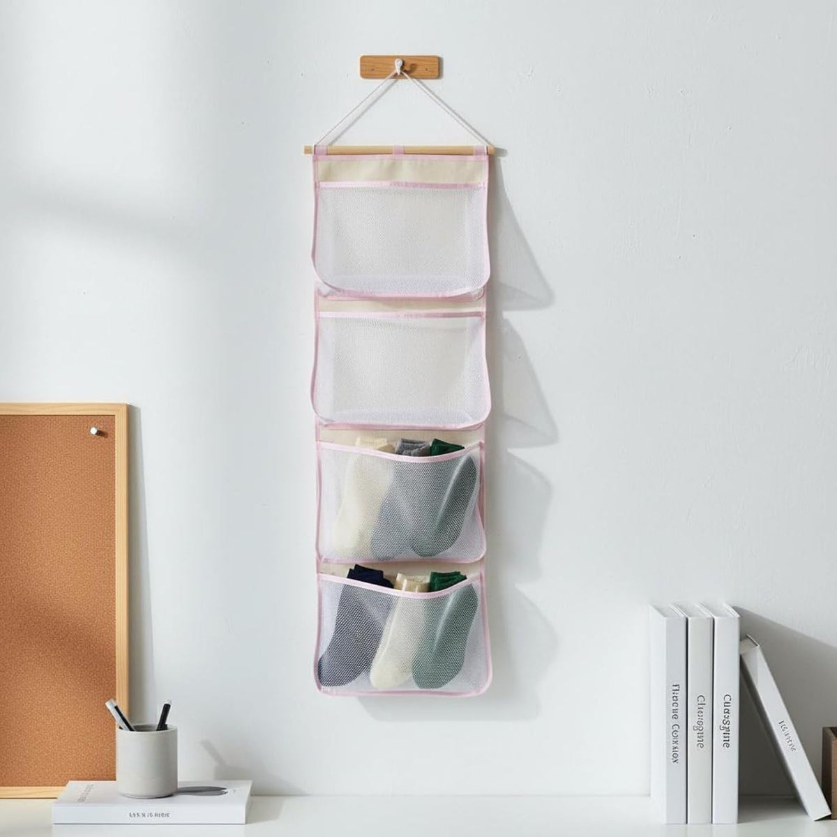 Wall Hanging Organizer Storage Bag with Wall Or Door Mount Mesh Ventilated Cotton Linen with Hanging String Suitable for Closet Bedroom Dorm Room Nursery Office, Pink