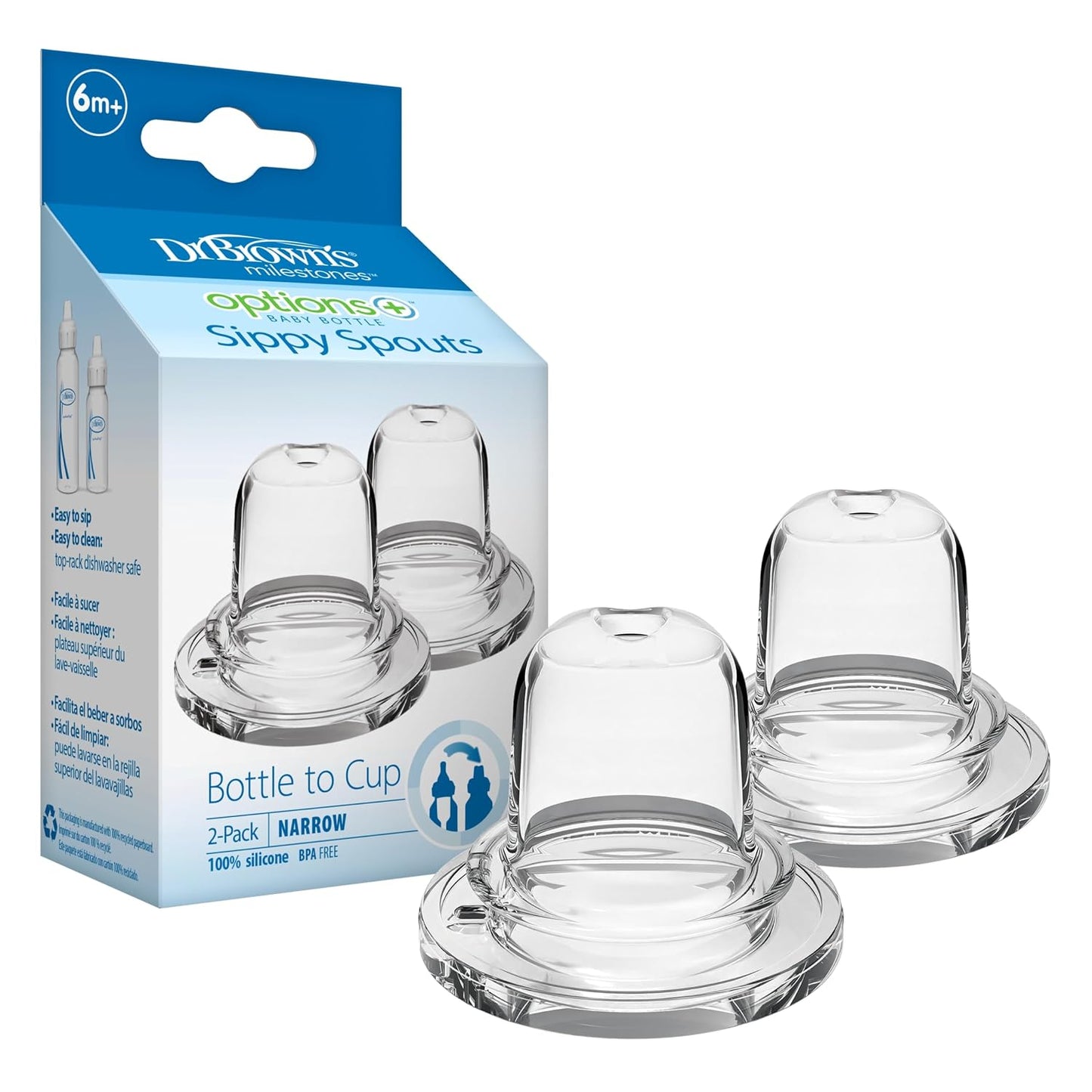 Milestones Options+ Sippy Spouts, Narrow, Soft 100% Silicone Baby Bottle Sippy Spout, 6m+, 2 Count
