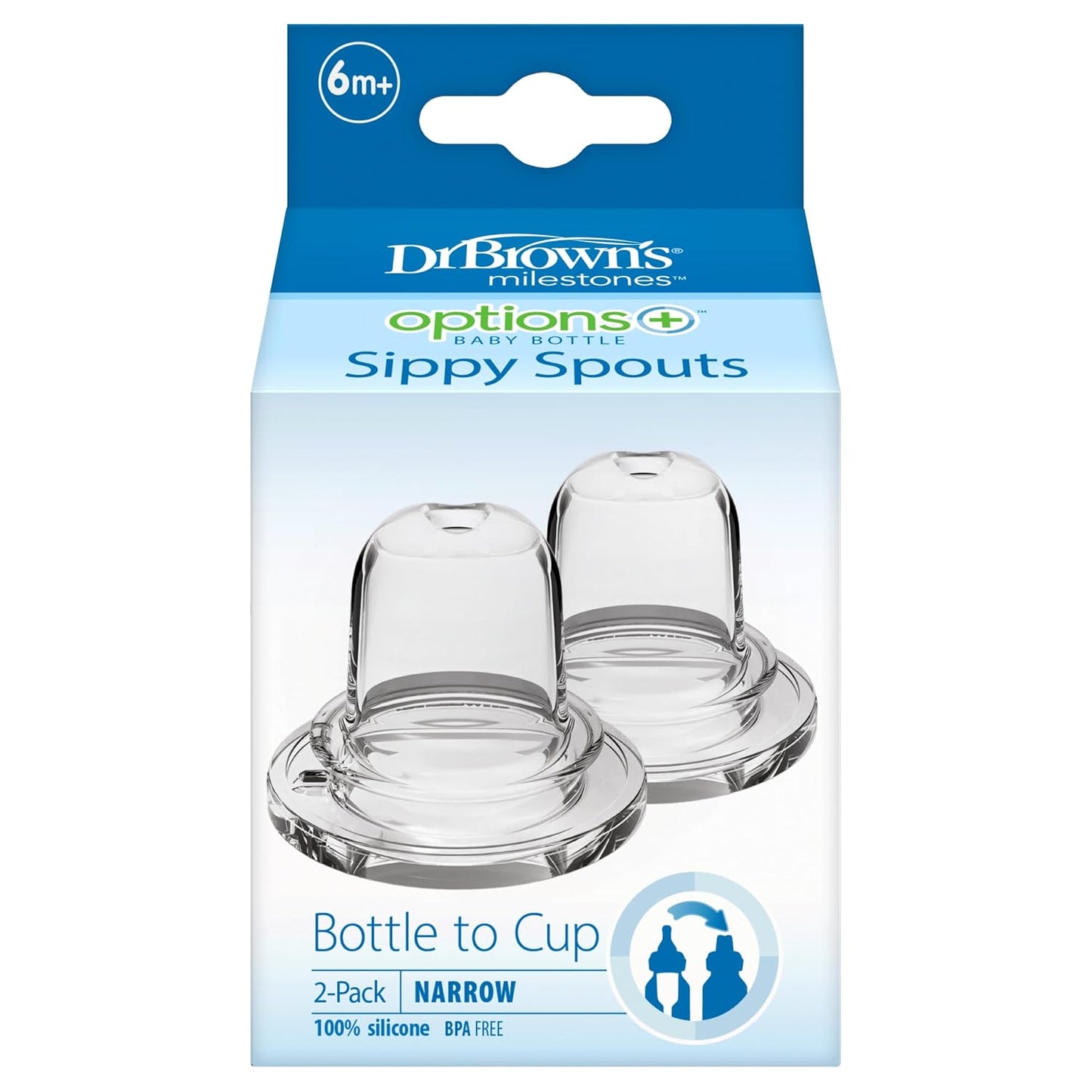 Milestones Options+ Sippy Spouts, Narrow, Soft 100% Silicone Baby Bottle Sippy Spout, 6m+, 2 Count