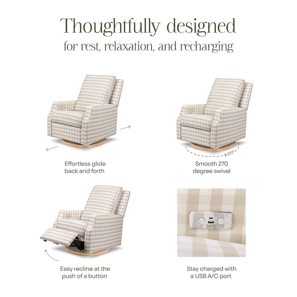 Crewe Nursery Glider Recliner w/ 270° Swivel, Tan Gingham