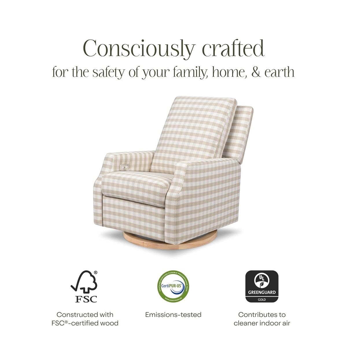 Crewe Nursery Glider Recliner w/ 270° Swivel, Tan Gingham