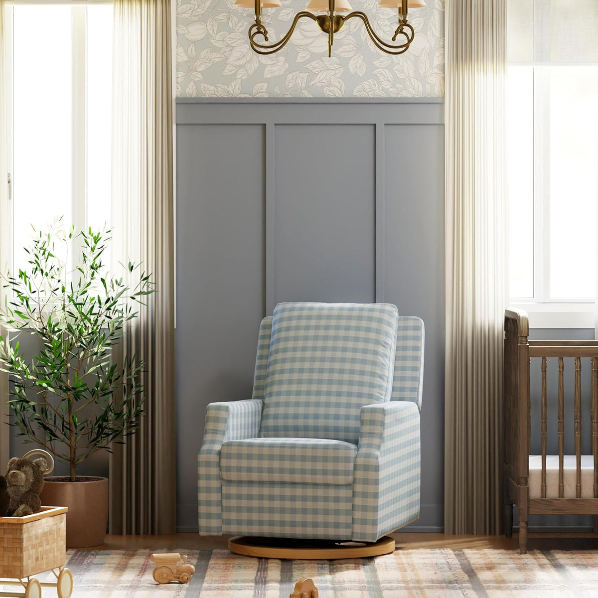 Crewe Nursery Glider Recliner w/ 270° Swivel, Tan Gingham